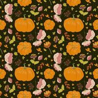 Seamless pattern with pumpkins and plants. Vector pattern with orange pumpkins and pink flowers on a dark brown background in the style of Scandinavian folk, rustic motifs. Rustic print with fall