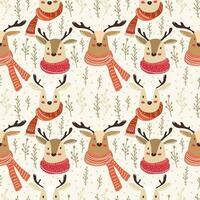 Seamless pattern funny reindeer hand drawn illustration style. Seamless vector reindeer with antlers and with colorful cozy scarves and small raseniya for new year print of packaging or textiles.
