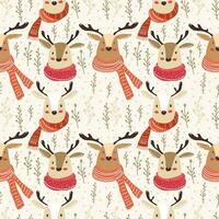 Seamless pattern funny reindeer hand drawn illustration style. Seamless vector reindeer with antlers and with colorful cozy scarves and small raseniya for new year print of packaging or textiles.