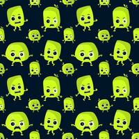 Seamless pattern with illustrations of cute green monsters for the Halloween holiday. Vector pattern on a dark blue background of little green bright creatures for holiday fabric print or packaging