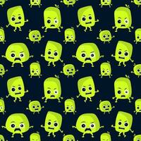 Seamless pattern with illustrations of cute green monsters for the Halloween holiday. Vector pattern on a dark blue background of little green bright creatures for holiday fabric print or packaging