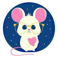 Vector illustration of a white mouse character in yellow glasses with a pink heart in his paws. Picture of small animal on blue background for clothing print or packaging