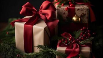 clásico Navidad regalos y fiesta regalos, envuelto regalo cajas debajo Navidad árbol, boxeo día y Días festivos compras, generativo ai foto