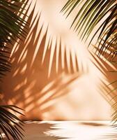 Tropical background for a product placement, palm tree leaves and sunlight shadows on the wall, minimalistic botanical backdrop, palms on a hot sunny day, photo