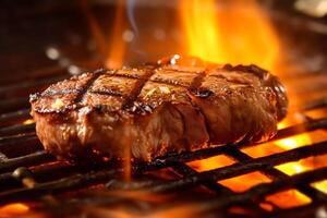 Meat beef steak grilled on fire, food bbq and hot grill, photo