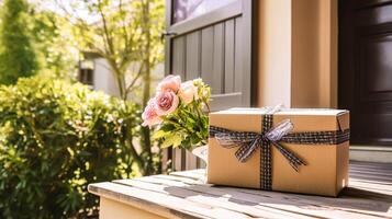 elegante regalo tienda entrega, postal Servicio y lujo en línea compras, paquete o empaquetar caja con un arco en un casa peldaño en el campo, generativo ai foto