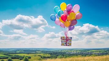 postal servicio, tienda entrega y en línea compras, volador globos que lleva un paquete o empaquetar caja en el campo en un soleado día, generativo ai foto