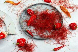 Cutting red chilly peppers. photo