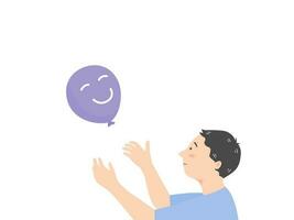 A boy toss a balloon in the air, flat vector illustration.