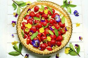 Traditional strawberry pie or tart,top view photo