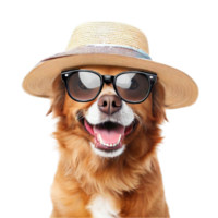 gelukkig hond en zomer hoed en zon glas, ai gegenereerd png