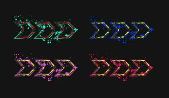 Set of outline arrow, pointer icons. Arrowhead, movement direction, motion way. Fluorescent paint brush strokes, splattered paint of neon bright colors. Virtual abstract objects vector