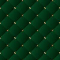 Classic volume seamless pattern with square grid and golden buttons. Green background like sofa upholstery. Green color vector