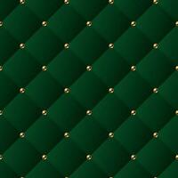 Classic volume seamless pattern with square grid and golden buttons. Green background like sofa upholstery. Green color vector