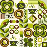 Tea themed pattern with icons, design elements in simple geometric style. Seamless background with abstract shapes. Good for branding, decoration of food package, cover design, textile kitchen prints vector