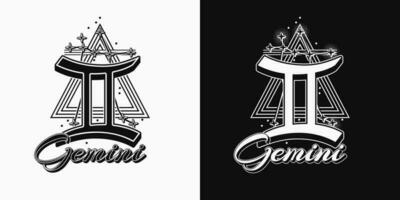 Black and white icon of zodiac sign Gemini with constellation with stars, text, triangle as alchemical symbol for air element. Horoscope esoteric elements. Vintage style. vector
