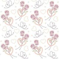 Seamless pattern with roses, hearts, abstract pastel color shapes. Minimal laconic graphic style with one line drawing. Vector pattern for decoration of wedding, engagement event, Valentines Day.