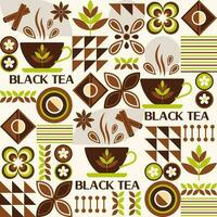 Tea themed pattern with icons, design elements in simple geometric style. Seamless background with abstract shapes. Good for branding, decoration of food package, cover design, textile kitchen prints vector