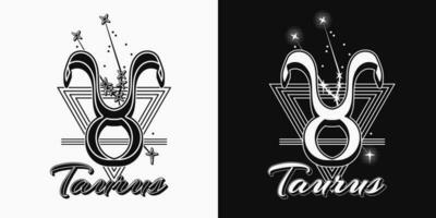 Black and white icon of zodiac sign Taurus with constellation with stars, text, triangle as alchemical symbol for earth element. Horoscope esoteric elements. Vintage style. vector