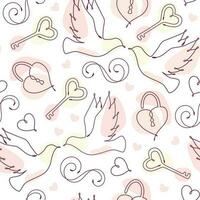 Seamless doodle pattern with linear romantic symbols and abstract shapes of pastel colors. Decoration for Wedding, Valentine day, Engagement events. vector