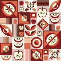 Red seamless background with apples and abstract shapes in simple geometric style. Good for branding, decoration of food package, cover design, decorative home kitchen prints vector