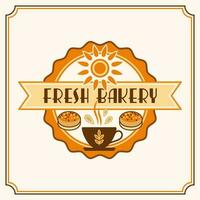 Bakery themed label with hot cup, buns, sun, text Fresh Bakery. Simple geometric style. Vector