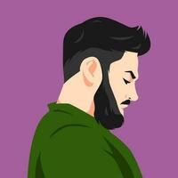 portrait of a man with undercut hairstyle and beard looking down. side view. for avatars, profile photos on social media, web, print, etc. flat vector graphics.