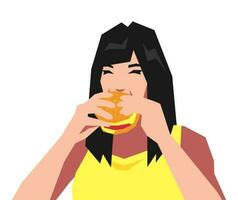 niña personaje participación y comiendo hamburguesa con ambos manos. medio cuerpo. concepto de alimento, rápido alimento, hambre, salud, etc. plano vector ilustración.