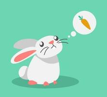 cute white rabbit is thinking about carrots. animal, pet concept. bunny in flat cartoon style. graphic vector illustration.