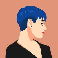 retrato de hermosa mujer con azul corto peinado, duendecito cortar. lado vista. adecuado para avatar, social medios de comunicación perfil, imprimir, etc. plano vector gráfico.