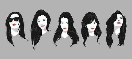 set of several portraits of beautiful and attractive women's faces with different hairstyles, looks. for print, poster, cover, t-shirt, and other design. vector graphic.