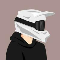 retrato de un hombre vistiendo un motocross jinete casco y vistiendo un suéter. lado vista. adecuado para avatar, social medios de comunicación perfil, imprimir, etc. plano vector gráfico.