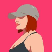 avatar beautiful woman face wearing hat with short hairstyle. side view. vector graphic.