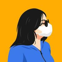 portrait of woman wearing mask and sunglasses. side view. health care concept. suitable for avatar, social media profile, print, etc. vector flat graphic.