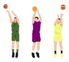 conjunto de varios baloncesto atleta o jugador es lanzamiento un baloncesto. lata ser usado para baloncesto, deporte, actividad, capacitación, etc. plano vector ilustración.