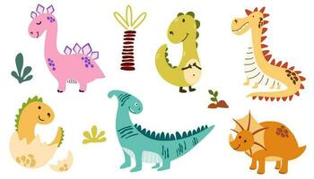 Cute dinosaurs collection. Set of cartoon little dragons. Ideal for children's room, prints, postcards, prints and fabrics. Vector hand draw Illustration in a Scandinavian style.