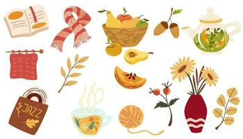 Cozy autumn. Set of different autumn elements, berries, tea, warm scarf, a vinyl record, a bouquet of flowers in a vase, a fruit basket, a book and foliage. Vector illustration