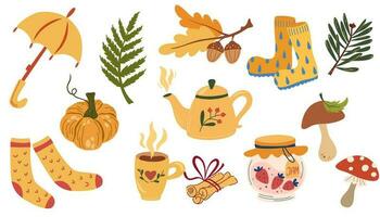 Cozy Autumnal collection with seasonal different elements, pumpkin, tea, socks, mushrooms, plants. Fully fall feeling. Vector hand draw illustration isolated on white background