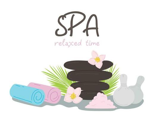 Spa relaxing time illustration. Spa atributs on white background. Spa stones, palm leaf, towels, bath salt isolated on white background