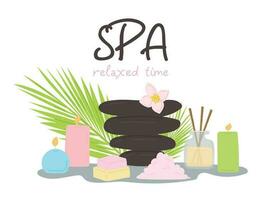 Spa relaxing time illustration. Spa atributs on white background. Spa stones, palm leaf, towels, bath salt isolated on white background vector