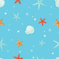 Colorful seamless aquatic pattern with hand drawn underwater elements such as starfish and seashells on blue background. Fashion print design, vector illustration