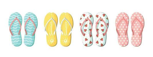 Vector set with colorful summer flip flops for beach holiday designs. Flip flops set isolated on white background. Slippers summer set