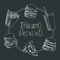 Hand drawn fast food illustration. Soda, pizza, burger and french fries drawing. Fast food vector hand drawn set. Great for label, menu, poster, banner, voucher, coupon