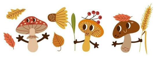 Set of mushrooms characters. Funny anthropomorphic fungi. Cartoon forest organisms with faces and hands. vector