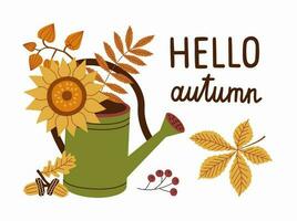 Autumn plants in watering can. Harvest gathering time. Autumn season colorful composition with quote inscription. vector