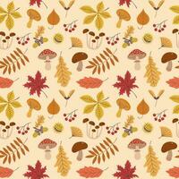 Seamless pattern of autumn plant elements. Vector illustration of fruits, mushrooms and leaves in autumn colours.