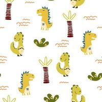 dinosaurios sin costura modelo. niños antecedentes con dibujado a mano dino en escandinavo estilo. Perfecto para tela, textiles, scrapbooking y más. vector ilustración