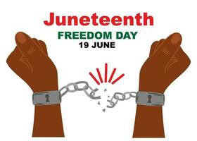 Freedom Day is June 19. Juneteenth. Emancipation Day. Black Arm Breaking chains. The chains are breaking blue. Liberation Day vector