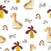 Dinosaurs seamless pattern. Background with cute dino and palms in Scandinavian style. Perfect for fabric, textiles, scrapbooking and more. Vector Illustration