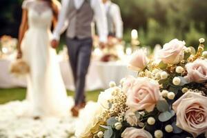 Wedding ceremony and celebration, bride and groom at a beautiful outdoor venue on a sunny day, luxury wedding decor with flowers and bridal bouquet, generative ai photo